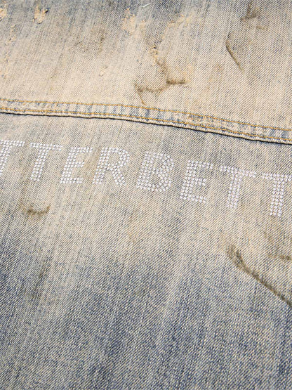 Mud-dyed Distressed Rhinestone Denim Jacket - 2336 