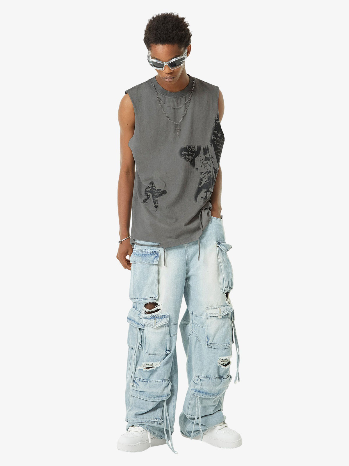 Thesupermade Vintage Necklace Star Print Hip-hop Tank Top - 2070 