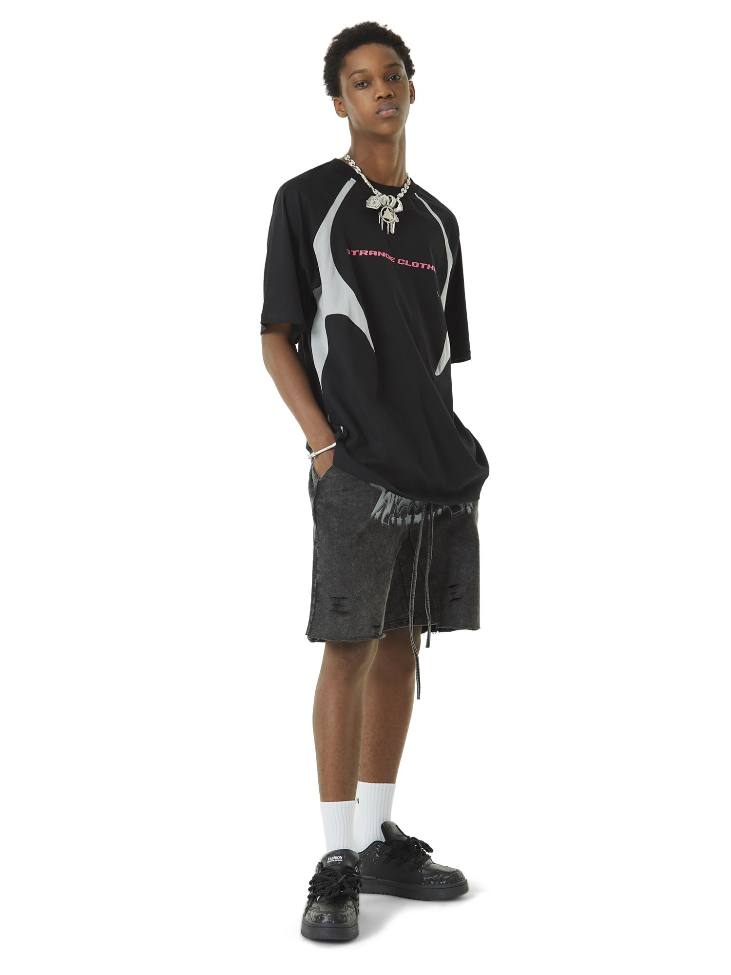 Retro Color-Blocked Deconstructed Stitching Racing T-shirt 