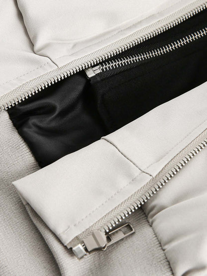 Faux Two-Piece Multi Pocket Spliced Hooded Bomber Jacket 