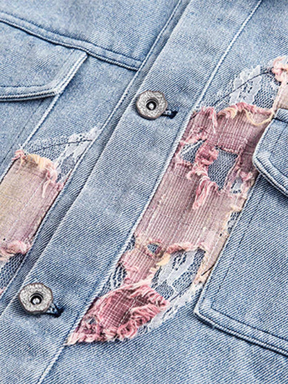 Thesupermade American Street Style Lace Patchwork Denim Jacket 