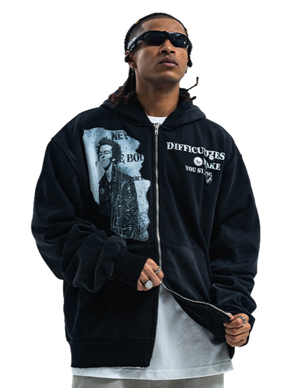 Washed Distressed Retro Portrait Print Double Zipper Hoodie 
