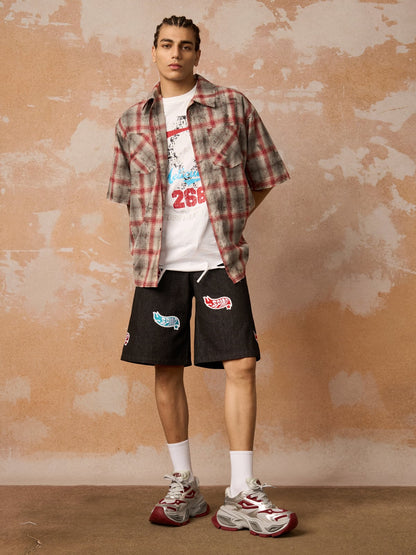 Distressed Patch Plaid Short-Sleeve Shirt 