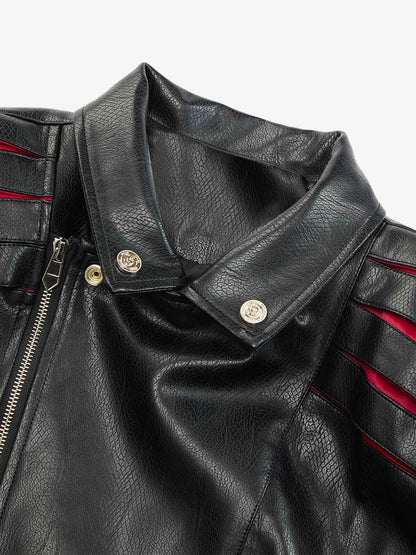 Thesupermade Paneled Spine Pleated Cropped Leather Biker Jacket 