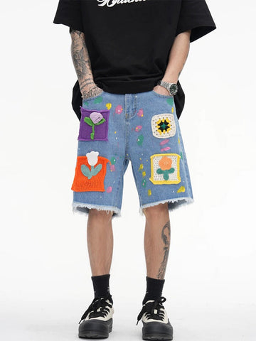 Street Patch Flower Embroidered Cat Whiskers Denim Shorts- 2032 
