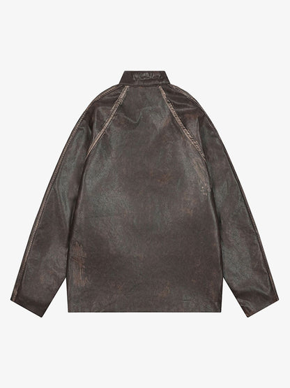 Thesupermade Distressed Letter Embroidery Motorcycle PU Leather Jacket 