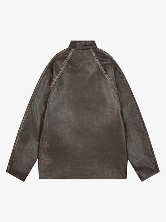 Thesupermade Distressed Letter Embroidery Motorcycle PU Leather Jacket 