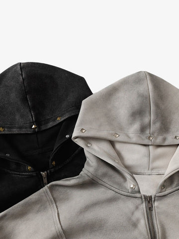 Street Washed Distressed Stitching Rivet Hooded Jacket 