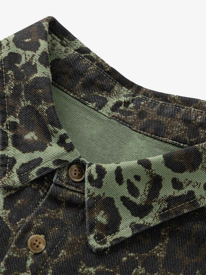 Retro Cheetah Print Workwear Long-Sleeve Shirt 
