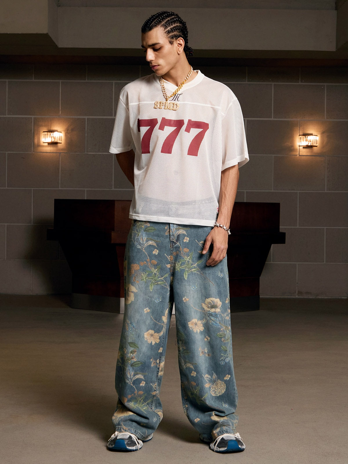 Denim Floral Print Carpenter Jeans - 2237 
