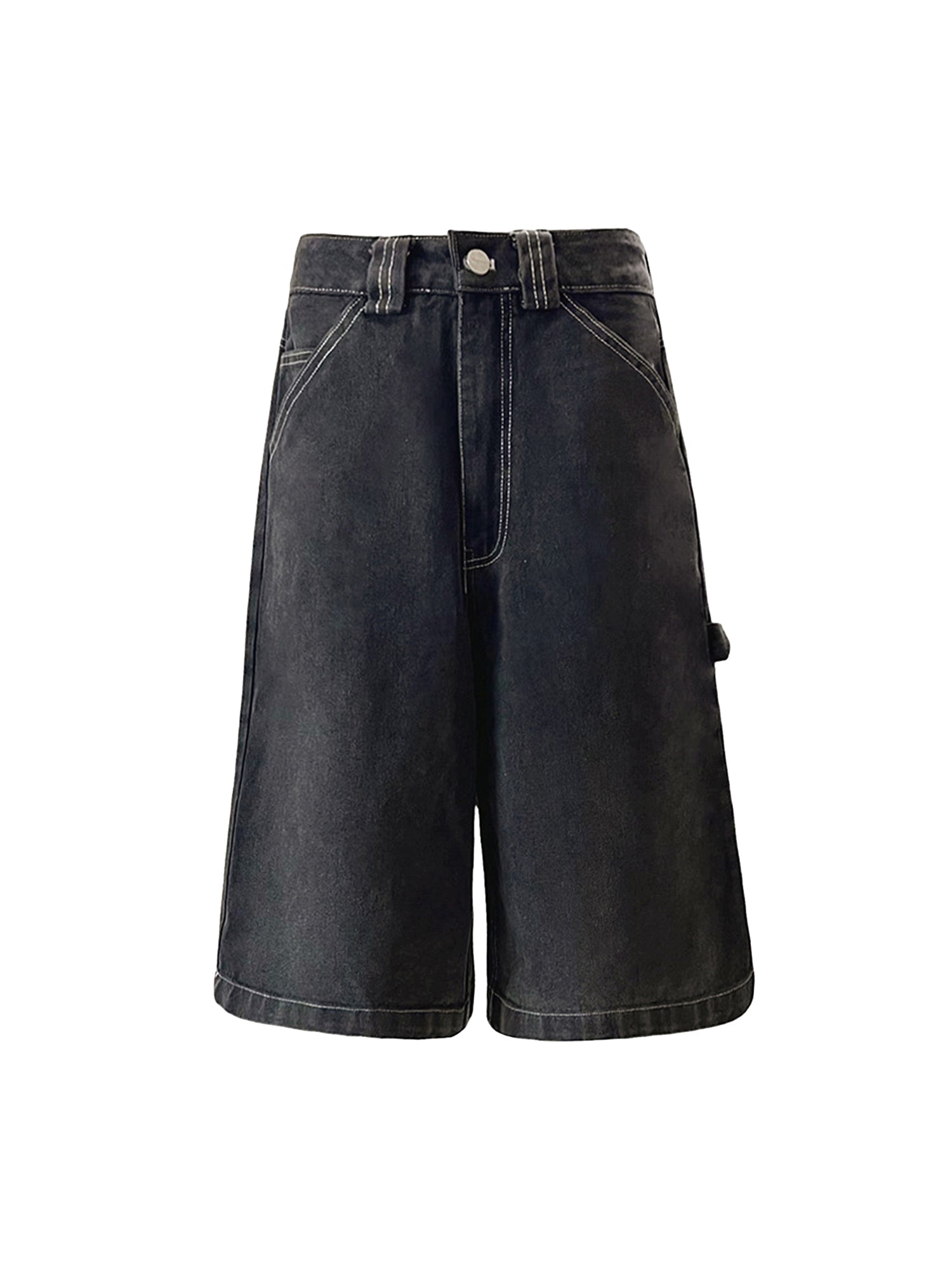 A pair of black denim jorts with high waist and utility pockets.