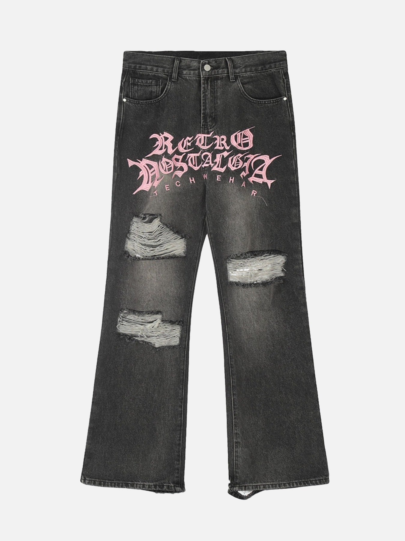 Thesupermade Monogrammed Embroidered Ripped Micro Flare Jeans