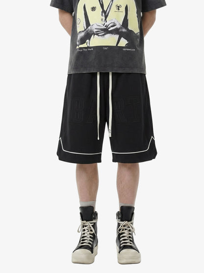 Retro Letter-Stamped Suede Drawstring Shorts 