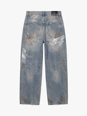 Foil-Tape Distressed Ripped Heavyweight Jeans
