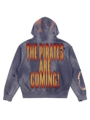 Flame-Wash Distressed Zip Hoodie & Wide-Leg Sweatpants Set