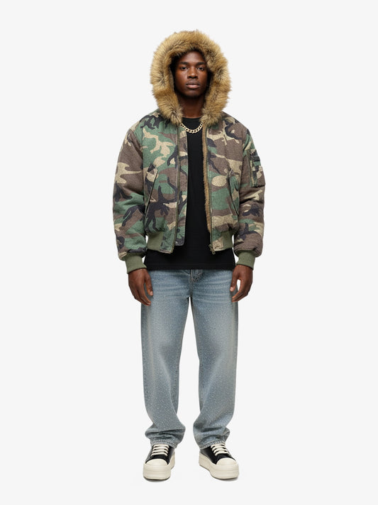 Camouflage Fur Collar Reversible Cotton Jacket 
