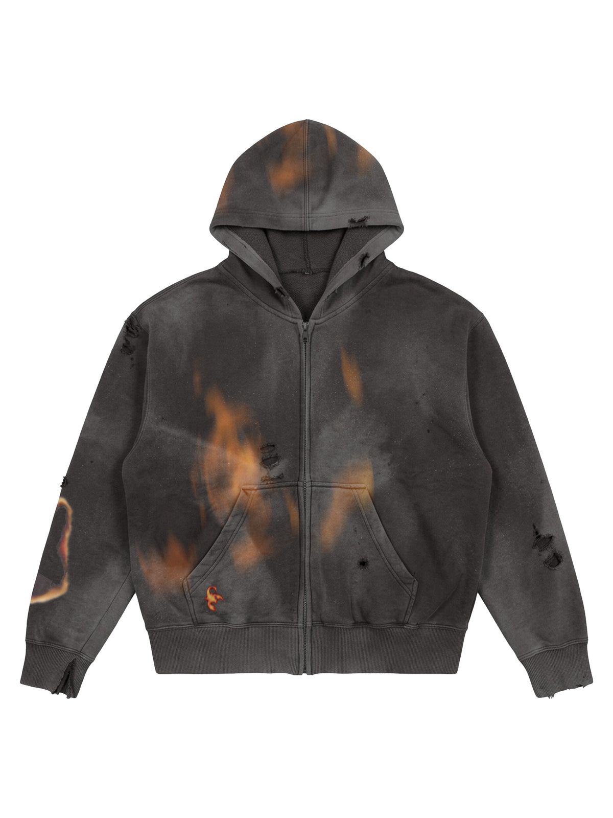 Flame-Wash Distressed Zip Hoodie & Wide-Leg Sweatpants Set