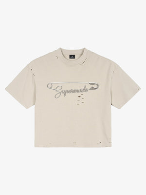 Distressed Safety Pin Cropped T-Shirt
