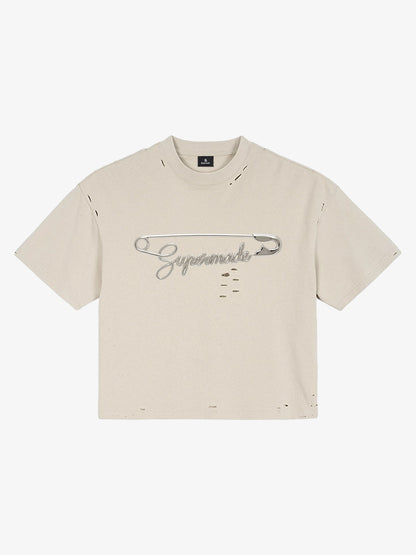 Distressed Safety Pin Cropped T-Shirt