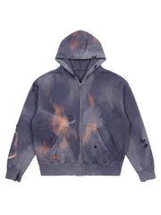 Flame-Wash Distressed Zip Hoodie & Wide-Leg Sweatpants Set