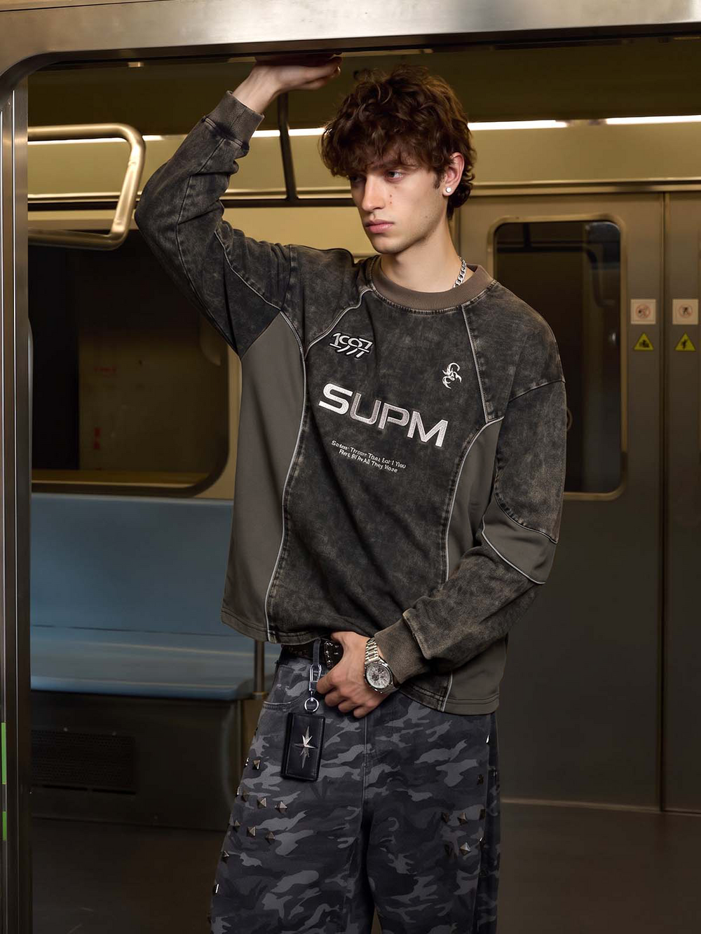 Embroidered Patchwork Distressed Washed Long Sleeve Tee