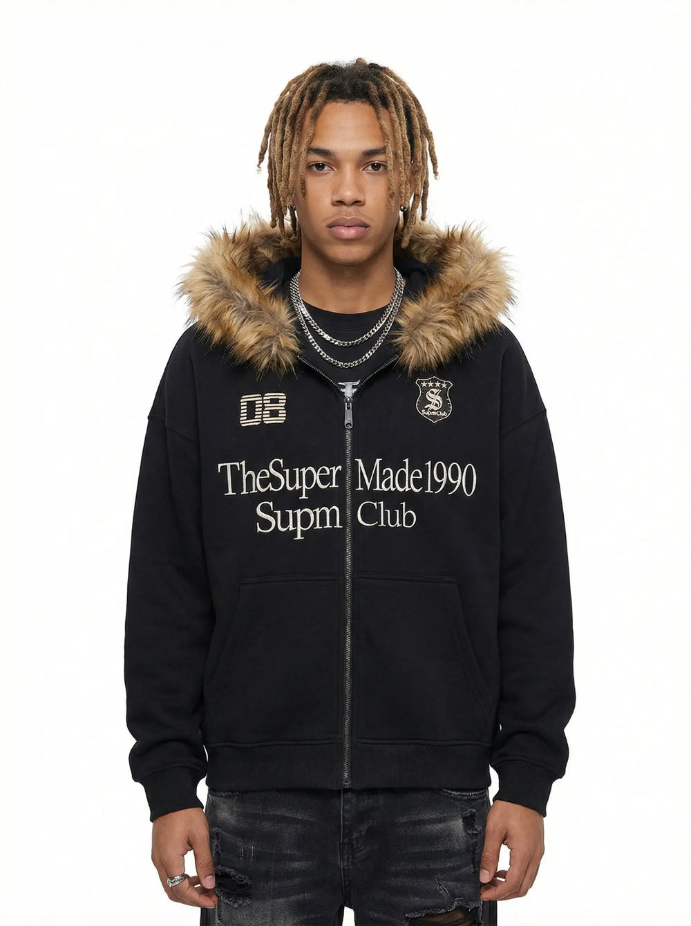 Letter Medal Embroidered Cardigan Fur Collar Zip Up Hoodie- 2502 