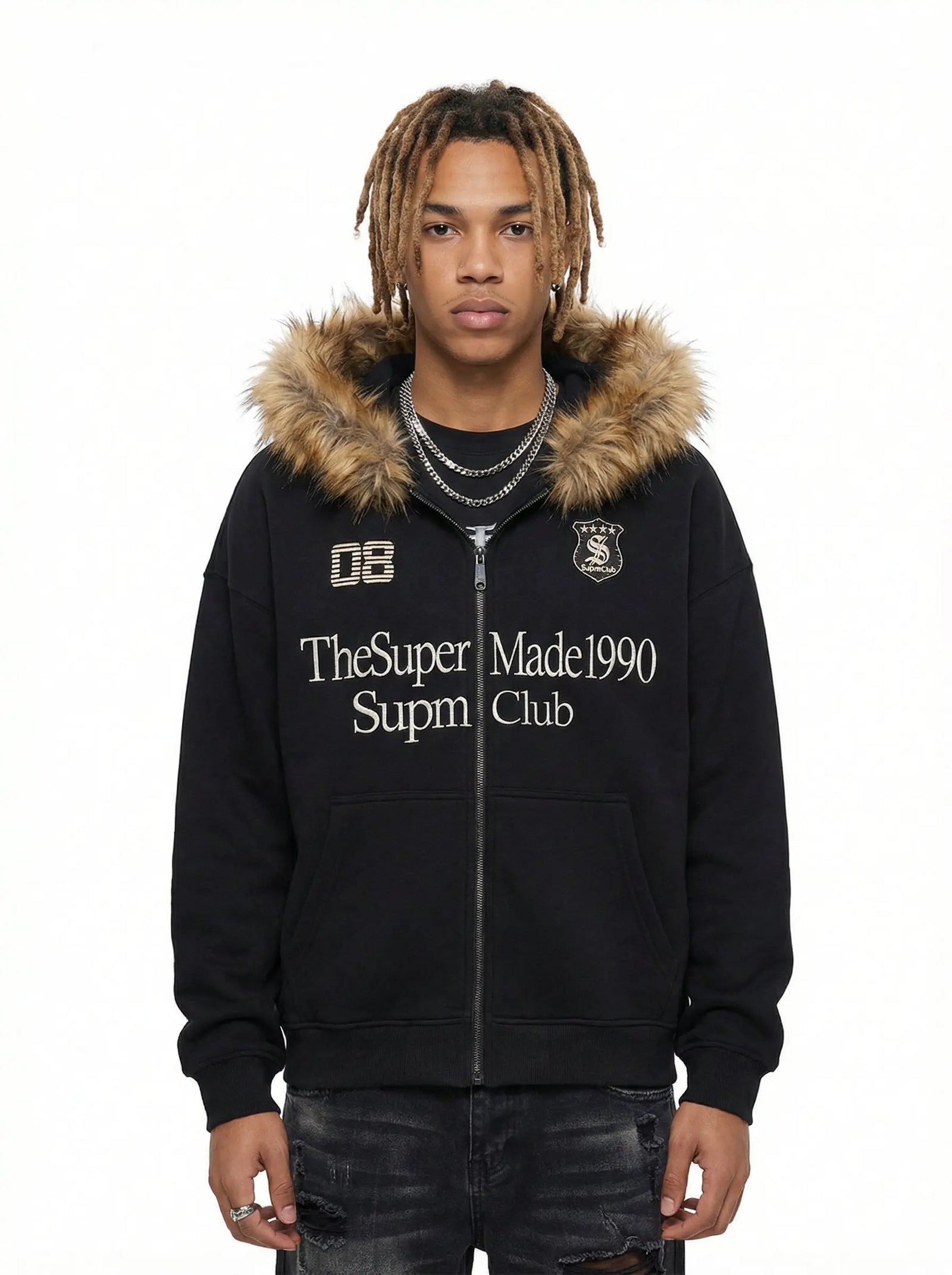 Letter Medal Embroidered Cardigan Fur Collar Zip Up Hoodie- 2502 