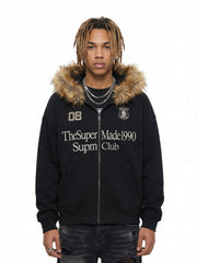 Letter Medal Embroidered Cardigan Fur Collar Zip Up Hoodie- 2502 