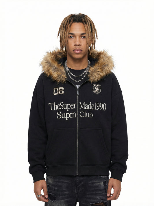 Letter Medal Embroidered Cardigan Fur Collar Zip Up Hoodie- 2502