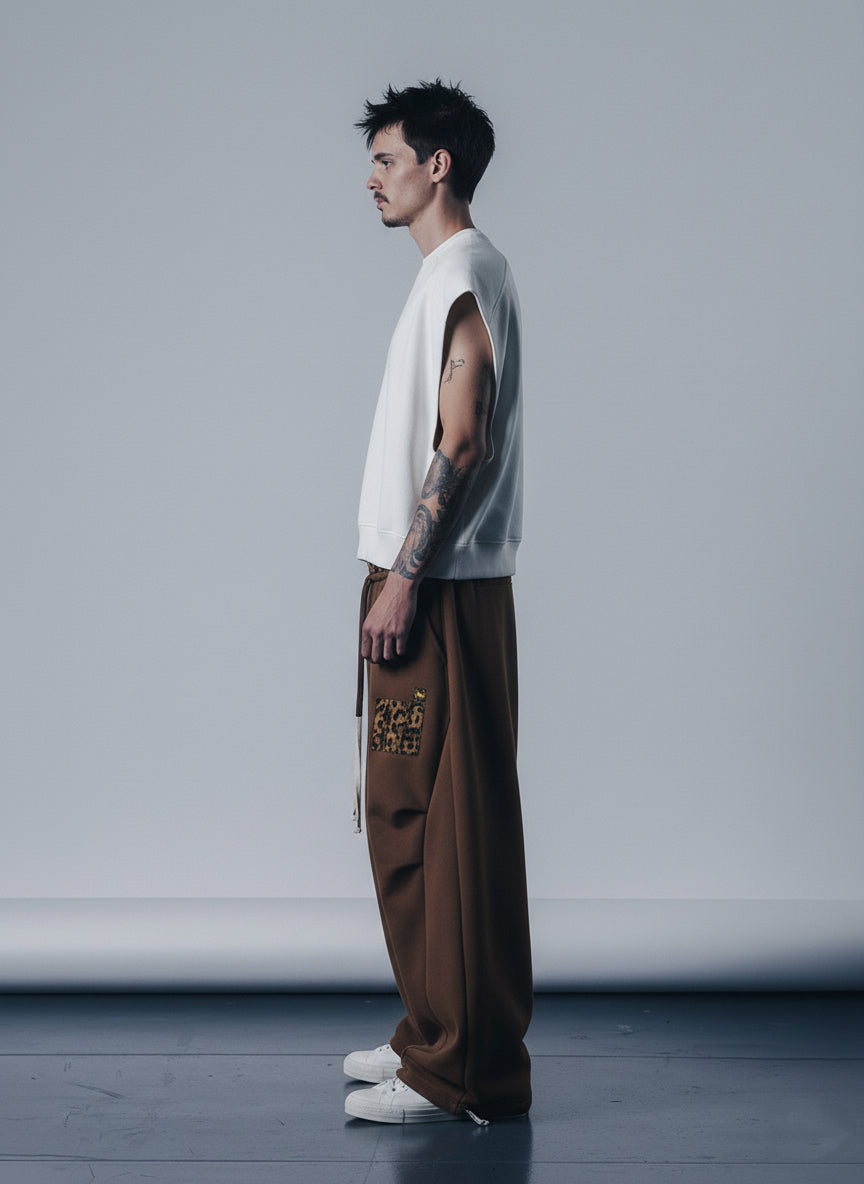 Retro Double-Waist Leopard Patch Barrel Pants 