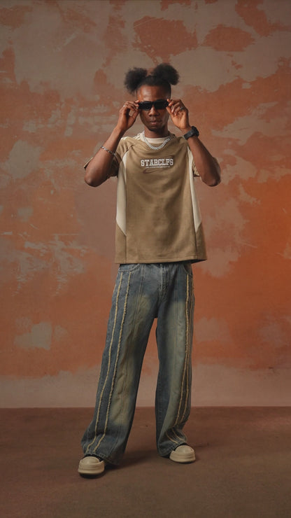 Oversize-T-Shirt aus Wildleder in Kontrastfarbe mit aufgestickten Buchstaben – 2462