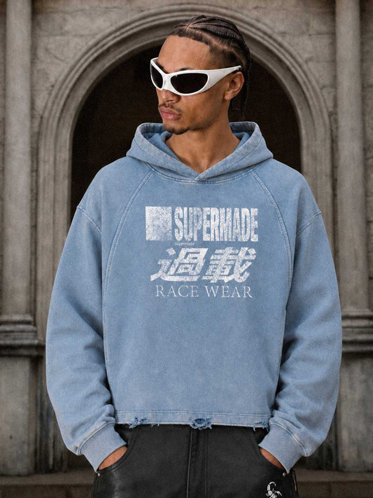Racing Letter Flame Graphic Distressed Cropped Hoodie