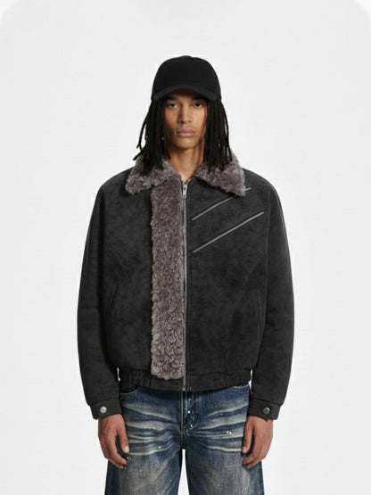 Retro Suede Texture Shearling Collar Fleece Bomber Jacket 