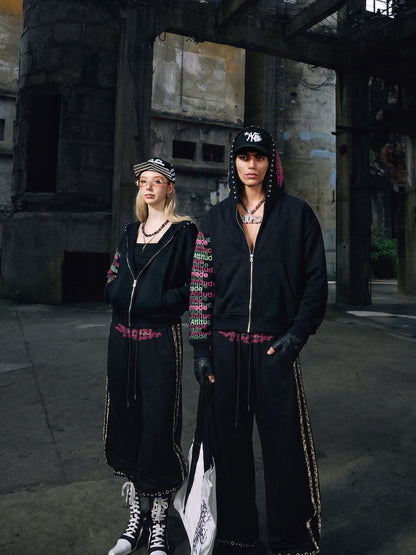 Leopard-Trim Studded Graphic Hoodie & Curved Pants Set