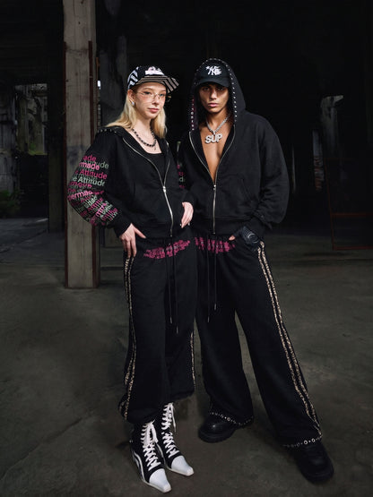Leopard-Trim Studded Graphic Hoodie & Curved Pants Set