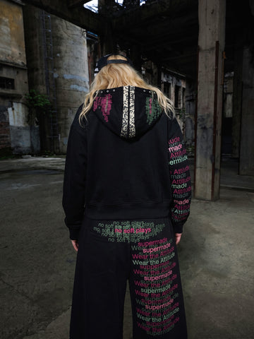 Leopard-Trim Studded Graphic Hoodie & Curved Pants Set