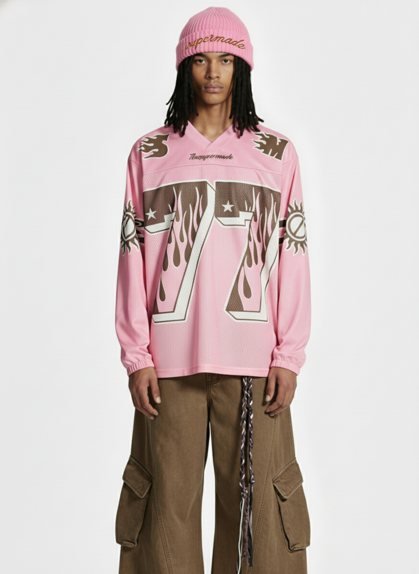 Retro Graphic Flame Number Print Long-Sleeve Jersey T-Shirt