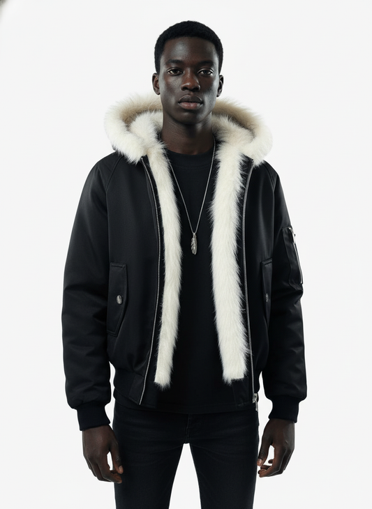 Retro Contrast Fur Collar Quilted Cotton Bomber Jacket 