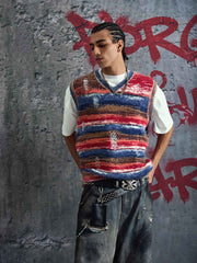 Frayed Edge Striped V Neck Knit Vest 
