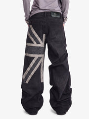 Flag Graphic Washed Distressed Jeans; Black / S, Black / M, Black / L, Black / XL, Black / 2XL