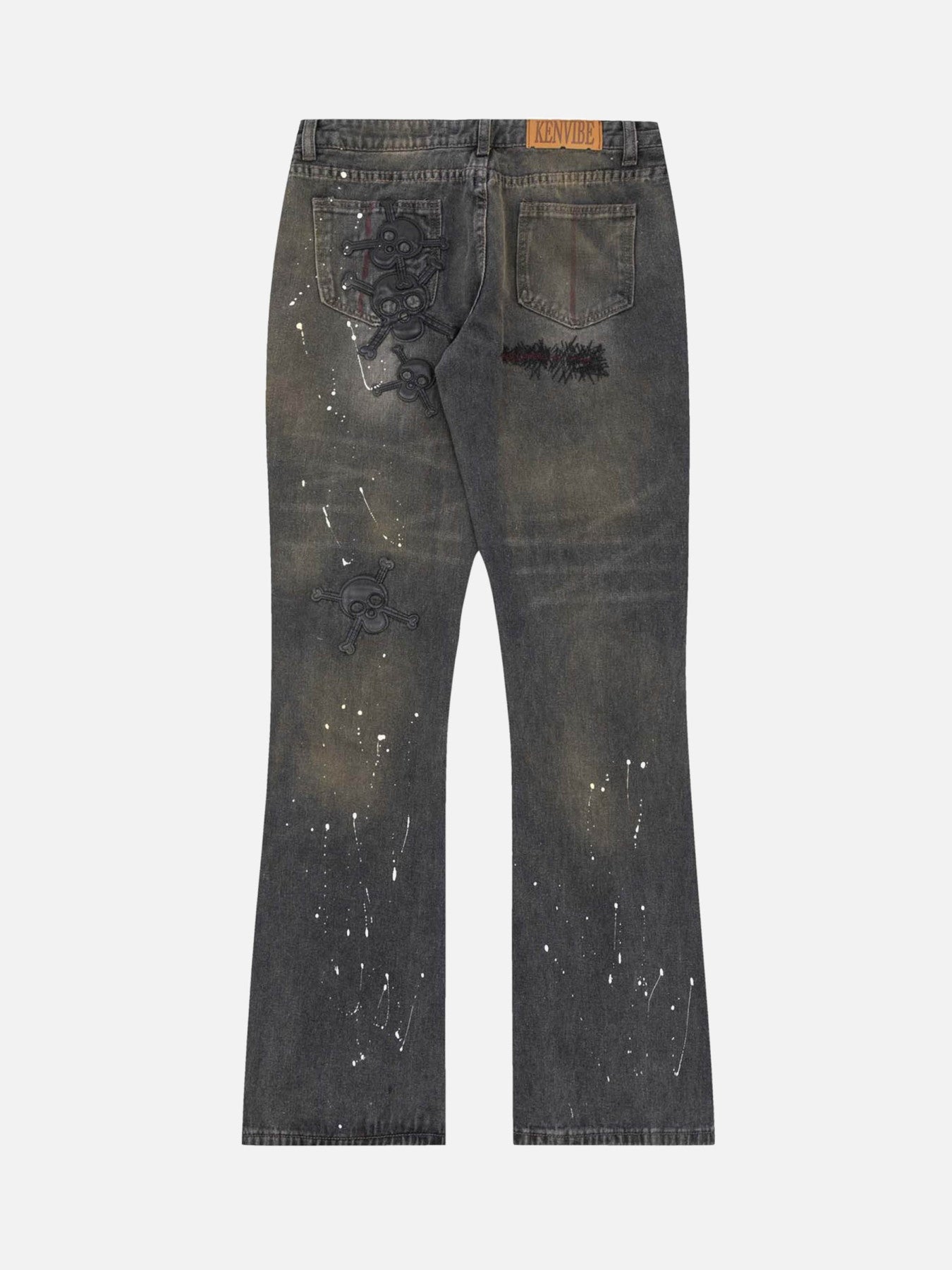 Thesupermade Leather Skull Splash Ink Micro-flared Jeans