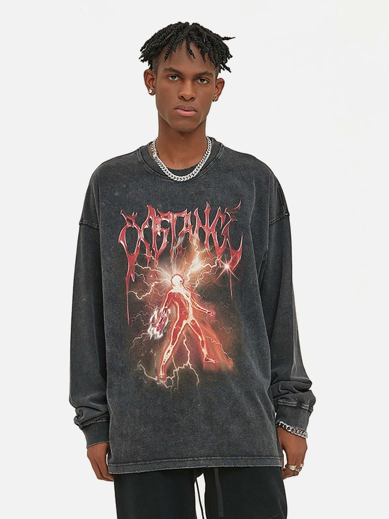 The Supermade Flame Patterned Aged Washed Crew Neck Sweatshirt