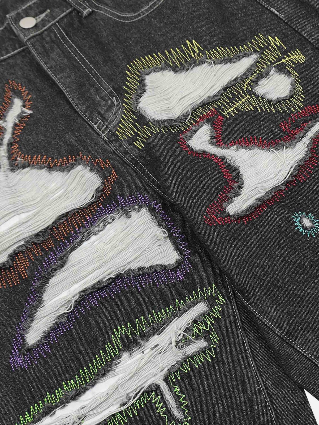 The Supermade American Style Worn And Torn Embroidered Jeans