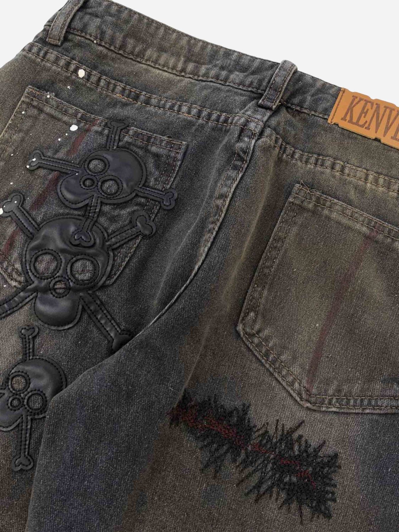 Thesupermade Leather Skull Splash Ink Micro-flared Jeans