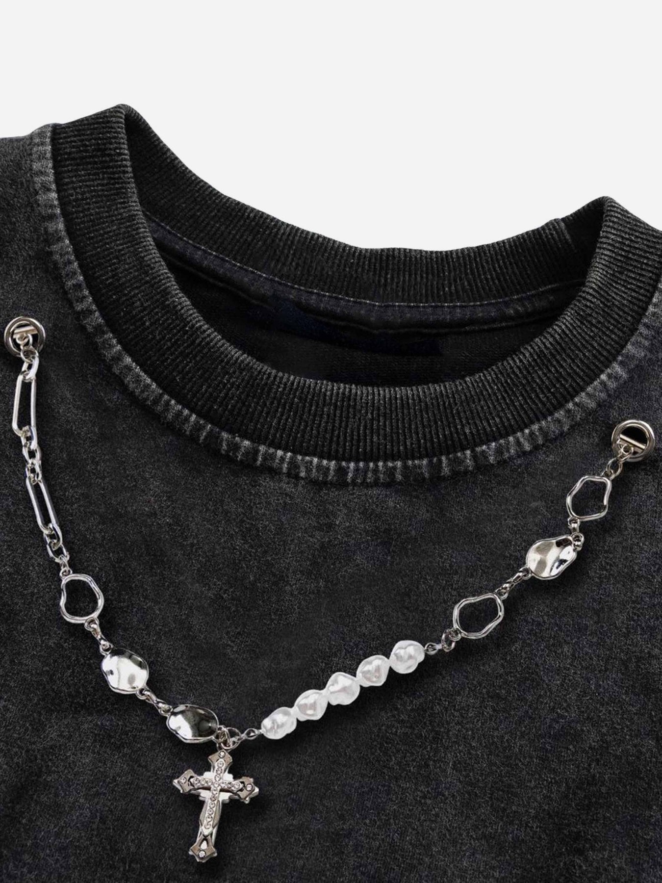 The Supermade Washed And Aged Necklace Loose Long Sleeve T-Shirt - 1673
