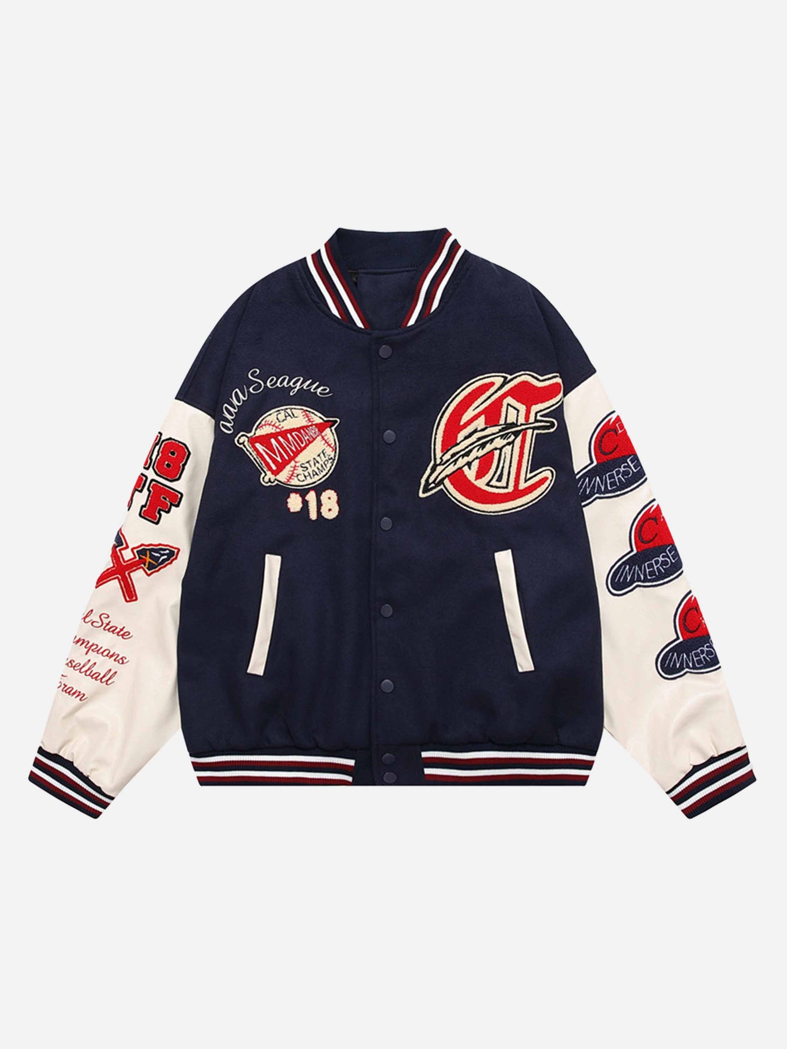 Thesupermade American Patchwork PU Leather Sleeve Embroidered Alphabet Baseball Jacket-1819