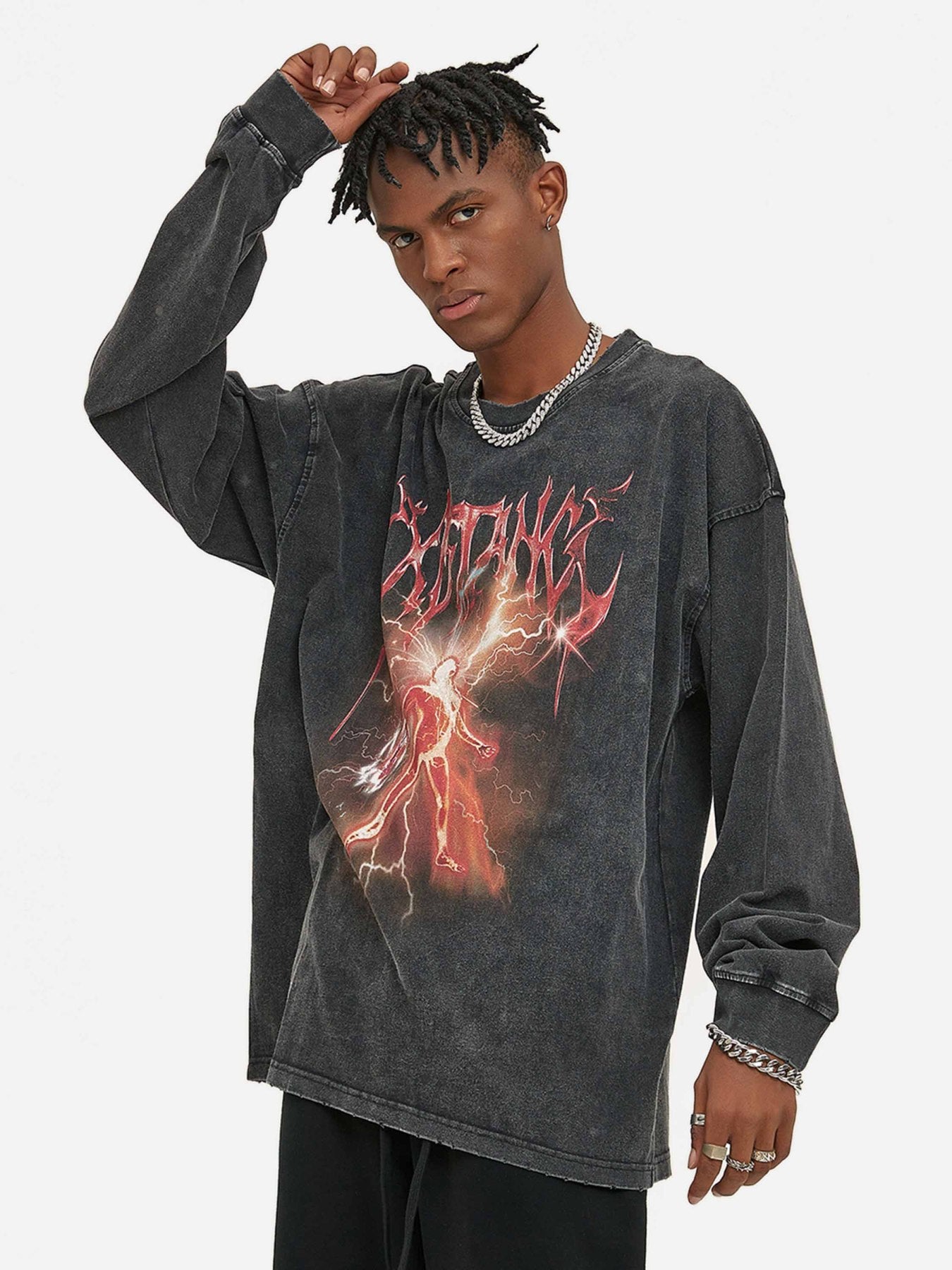 Thesupermade Flame Patterned Aged Washed Crew Neck Sweatshirt