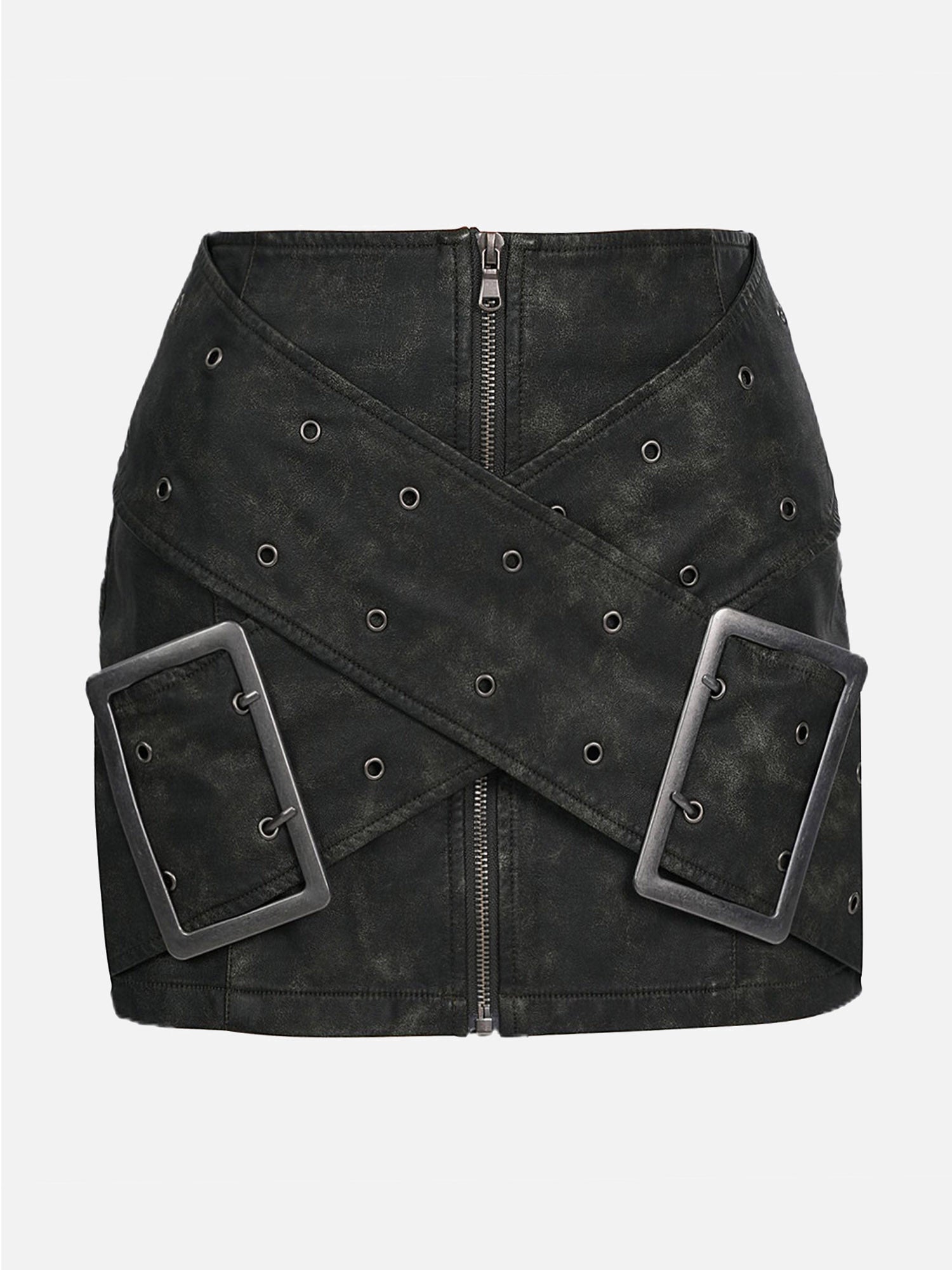 Thesupermade Retro Metal Buckle Cross Washed Leather Skirt