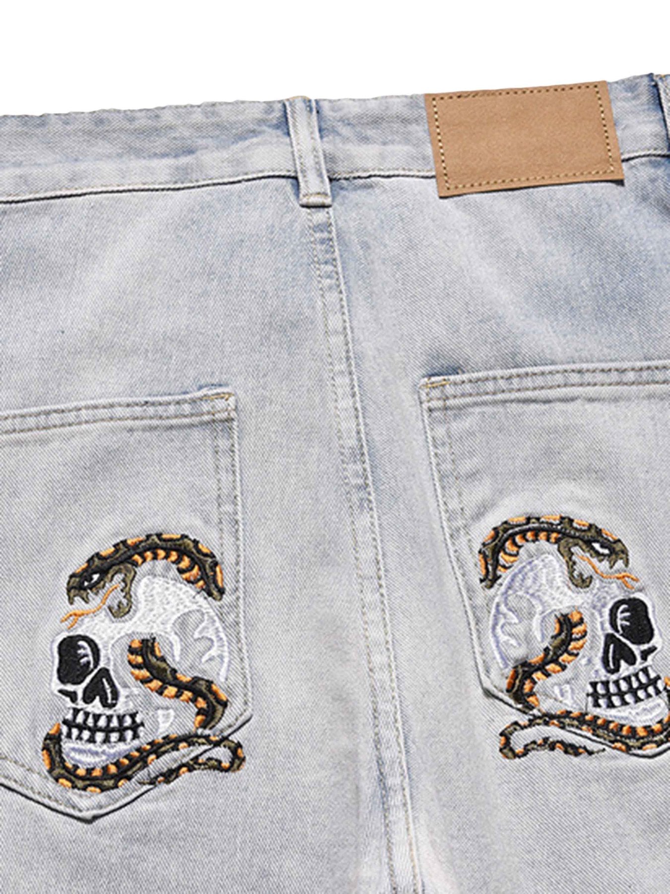 Thesupermade Skull Flame Monogram Embroidered Slim Fit Jeans