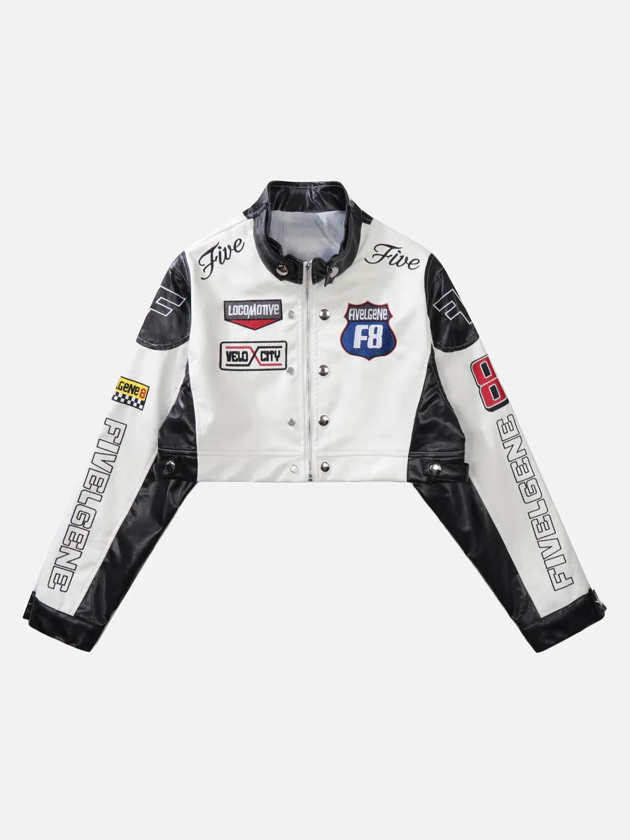 Badge Short PU Leather Racing Jacket